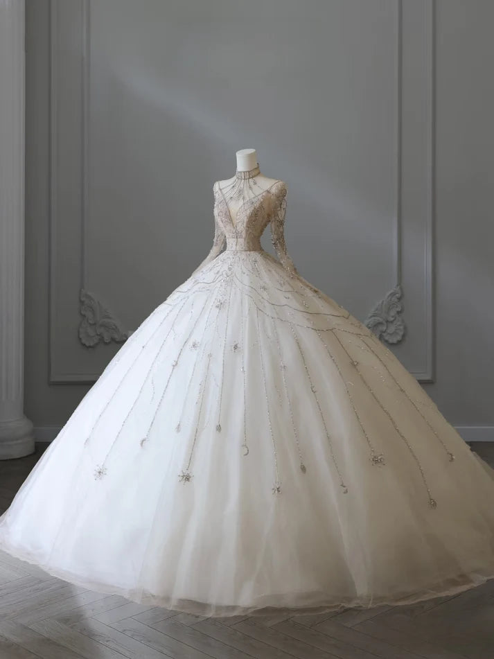Vintage Sparkling Beaded Ball Gown Design A-Line Long-sleeved Princess Wedding Dress, DP6115
