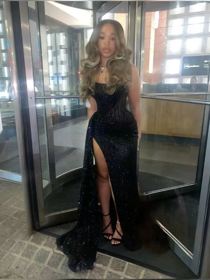 Gorgeous Glittering Black Beaded Strapless Mermaid High Slit Prom Dress Evening Dress DP6324