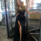 Gorgeous Glittering Black Beaded Strapless Mermaid High Slit Prom Dress Evening Dress DP6324