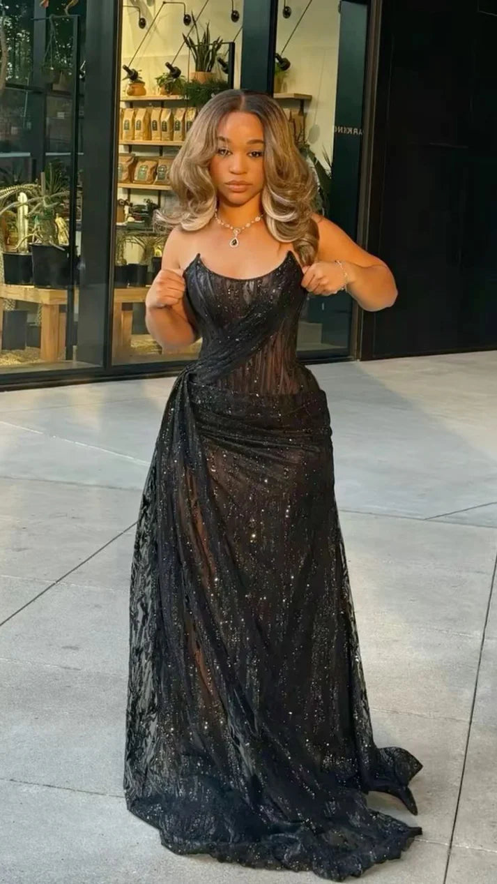Gorgeous Glittering Black Beaded Strapless Mermaid High Slit Prom Dress Evening Dress DP6324