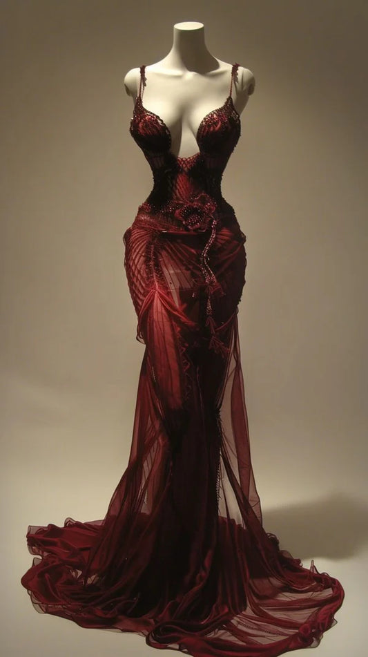 Sexy Burgundy Mermaid Prom Dress Spaghetti Strap Beaded Evening Dress Long Formal Dress, DP6617
