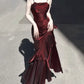 Vintage Burgundy Spaghetti Strap Ruffle Design Elegant A-line Evening Dress Prom Dress DP6130