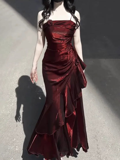 Vintage Burgundy Spaghetti Strap Ruffle Design Elegant A-line Evening Dress Prom Dress DP6130