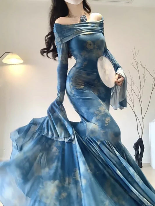 Vintage Blue Off-the-shoulder Floral Design Elegant Mermaid Chiffon Evening Dress Prom Dress DP6126