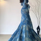 Vintage Blue Off-the-shoulder Floral Design Elegant Mermaid Chiffon Evening Dress Prom Dress DP6126
