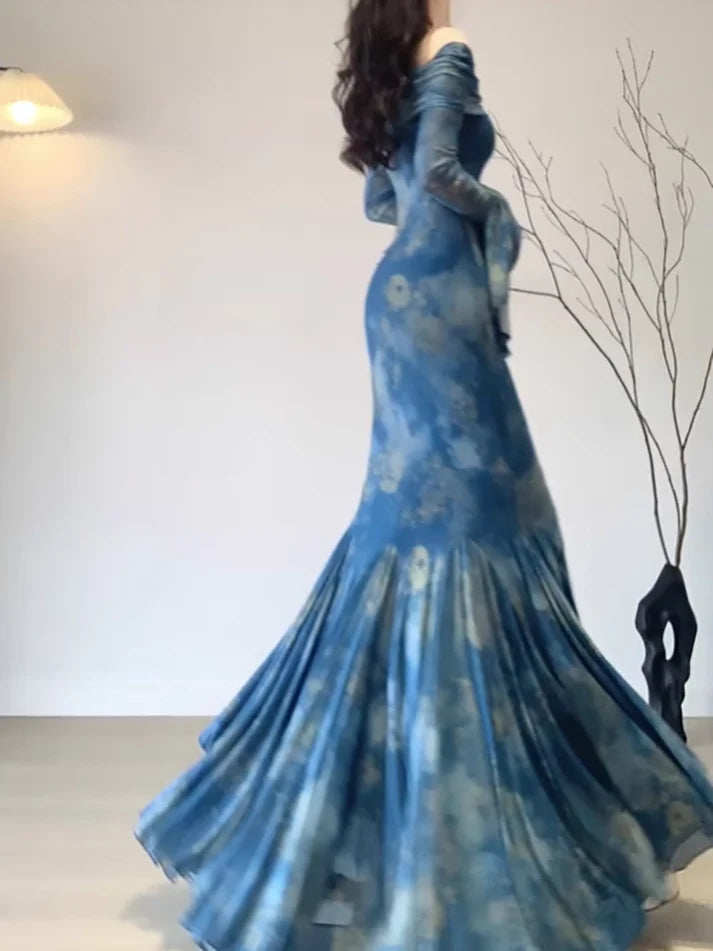 Vintage Blue Off-the-shoulder Floral Design Elegant Mermaid Chiffon Evening Dress Prom Dress DP6126