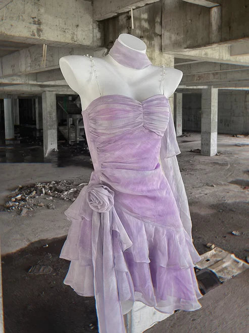 Retro Light Purple A-line Spaghetti Strap Short Lilac Homecoming Dress 17th Birthday Dress DP6043