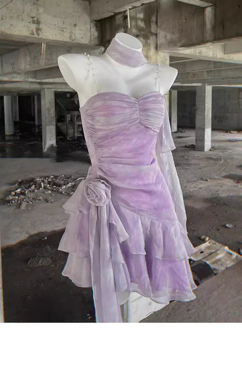 Retro Light Purple A-line Spaghetti Strap Short Lilac Homecoming Dress 17th Birthday Dress DP6043