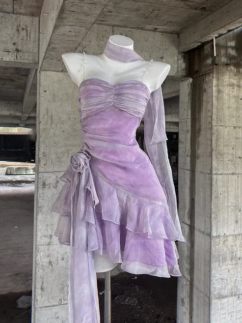Retro Light Purple A-line Spaghetti Strap Short Lilac Homecoming Dress 17th Birthday Dress DP6043