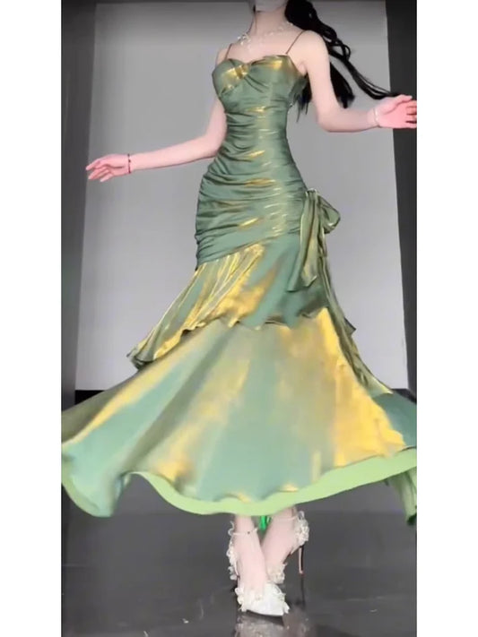 Vintage Green Spaghetti Strap Ruffle Design Elegant A-line Satin Evening Dress Prom Dress DP6128