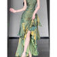 Vintage Green Spaghetti Strap Ruffle Design Elegant A-line Satin Evening Dress Prom Dress DP6128