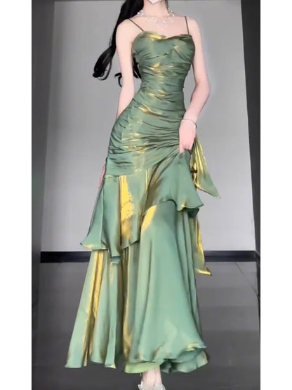 Vintage Green Spaghetti Strap Ruffle Design Elegant A-line Satin Evening Dress Prom Dress DP6128