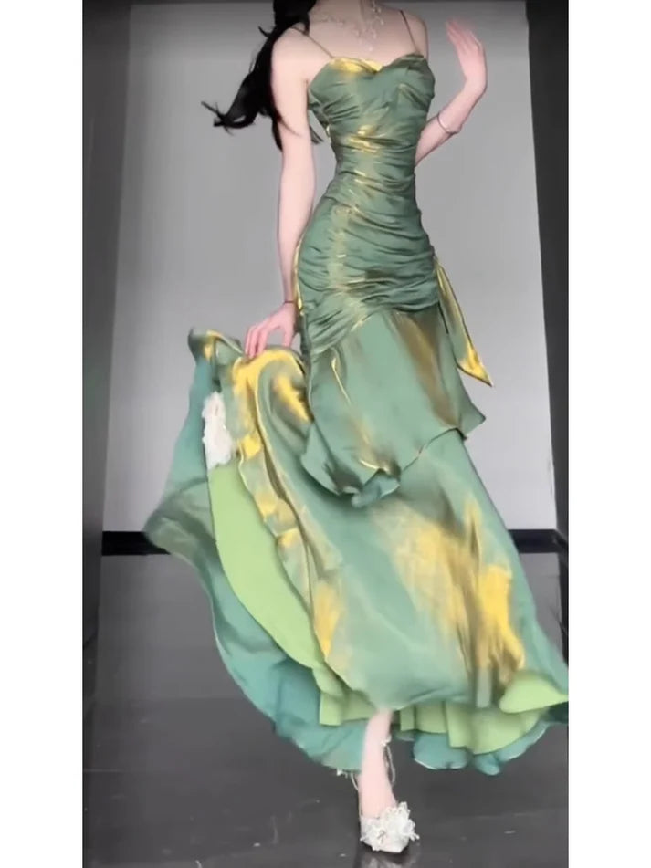 Vintage Green Spaghetti Strap Ruffle Design Elegant A-line Satin Evening Dress Prom Dress DP6128