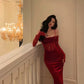 Vintage Red Spaghetti Strap Gloves Design Elegant Sheath Evening Dress Prom Dress DP6108