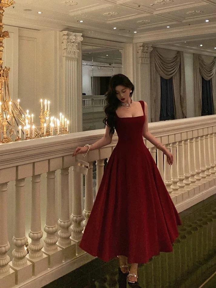 Retro Burgundy Maxi Length Design Elegant A-Line Evening Dress Prom Dress DP6110