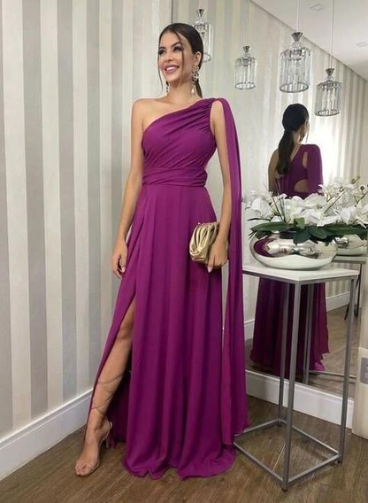 Elegant One Shoulder Purple Prom Dresses With Split,DP0172