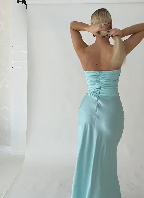 Light Blue Strapless Satin Simple Long Prom Dress, DP2453