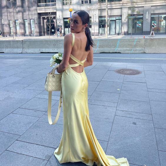 Yellow V Neck Backless Mermaid Long Party Dress,DP1907