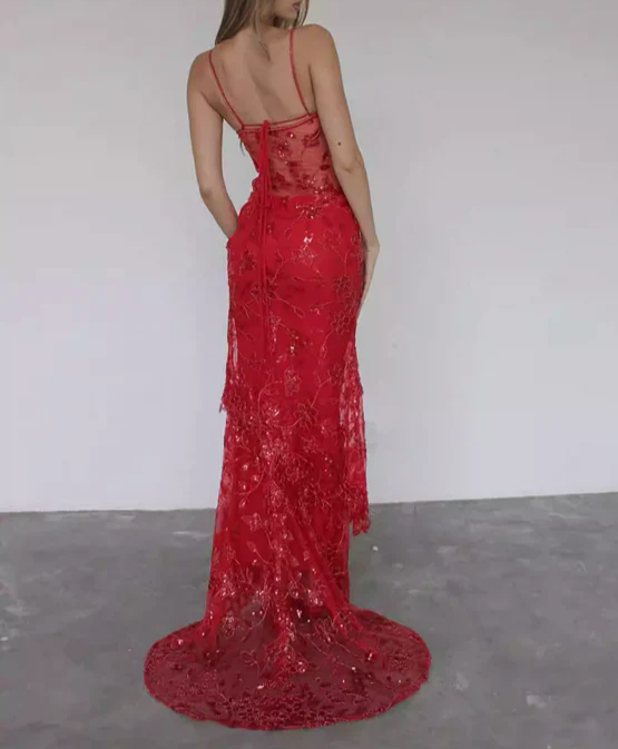 Red Spaghetti Straps Lace Beading Gorgeous Mermaid Evening Dress, DP2260