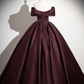 Dark Burgundy Satin Elegant A-Line Off Shoulder Evening Gown Formal Party Dress, DP2467