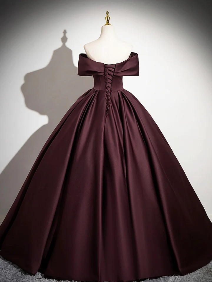 Dark Burgundy Satin Elegant A-Line Off Shoulder Evening Gown Formal Party Dress, DP2467