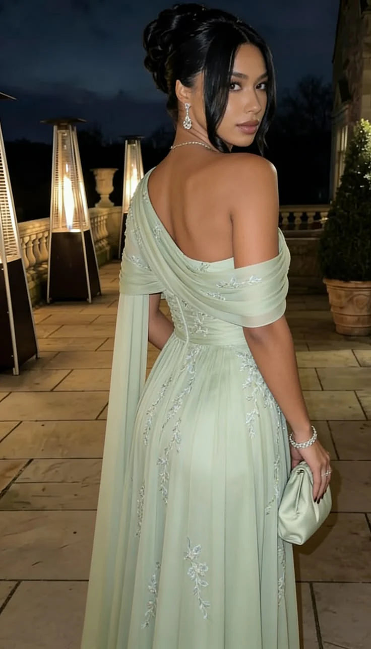 Elegant Sage Green One-Shoulder Chiffon Lace Appliques Sheath Prom Dress DP8486