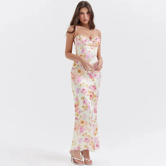 Vintage Floral Sweetheart Prom Dress Sheath Spaghetti Strap Evening Dress Long Formal Dress DP6691