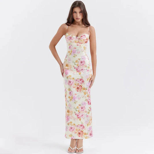 Robe de bal vintage à fleurs et décolleté en cœur, fourreau à bretelles spaghetti, robe de soirée longue et formelle DP6691