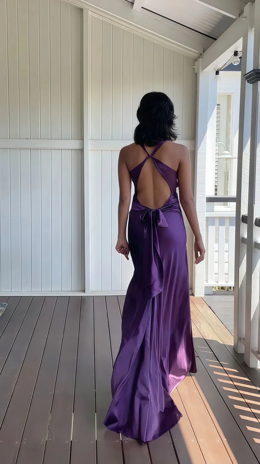 Robe de bal vintage en satin à col en V, longue robe de soirée fourreau dos nu, DP6576
