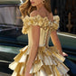 Vintage Golden A-Line Off-the-shoulder Tiered Lace-up Tiered Metallic Homecoming Dress Party Dress Cocktail Dress DP6658