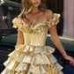 Vintage Golden A-Line Off-the-shoulder Tiered Lace-up Tiered Metallic Homecoming Dress Party Dress Cocktail Dress DP6658