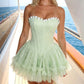 Cute Mint Green Strapless Lace Tiered Tulle Ruffle A-Line Homecoming Dress DP8505