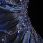 Elegant Navy Blue Satin Beaded Prom Dress A-Line Strapless Party Dress Long Formal Dress DP7003