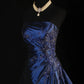 Elegant Navy Blue Satin Beaded Prom Dress A-Line Strapless Party Dress Long Formal Dress DP7003