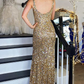 Gold Sequin Square Neck Backless Mermaid Long Formal Dress with Slit,DP048