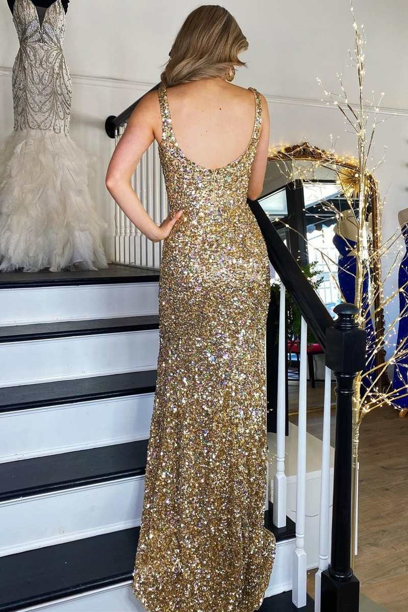 Gold Sequin Square Neck Backless Mermaid Long Formal Dress with Slit,DP048