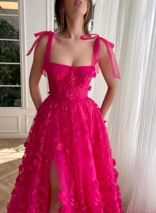 Fuchsia Tulle Prom Dresses Appliques Evening Party Gowns Spaghetti Straps,DP098