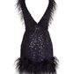 Black Deep V Neck Shiny Homecoming Dress with Feather, DP2046