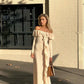Ivory Off Shoulder Ruffle Long Party Dress with Slit,DP1824