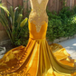 Gold Velvet Appliques Beadings Mermaid Black Girl Evening Dress, DP2654