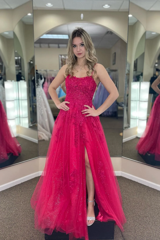 Fuchsia A-line Tulle Scoop Neckline Applique Slit Long Prom Dress,DP025