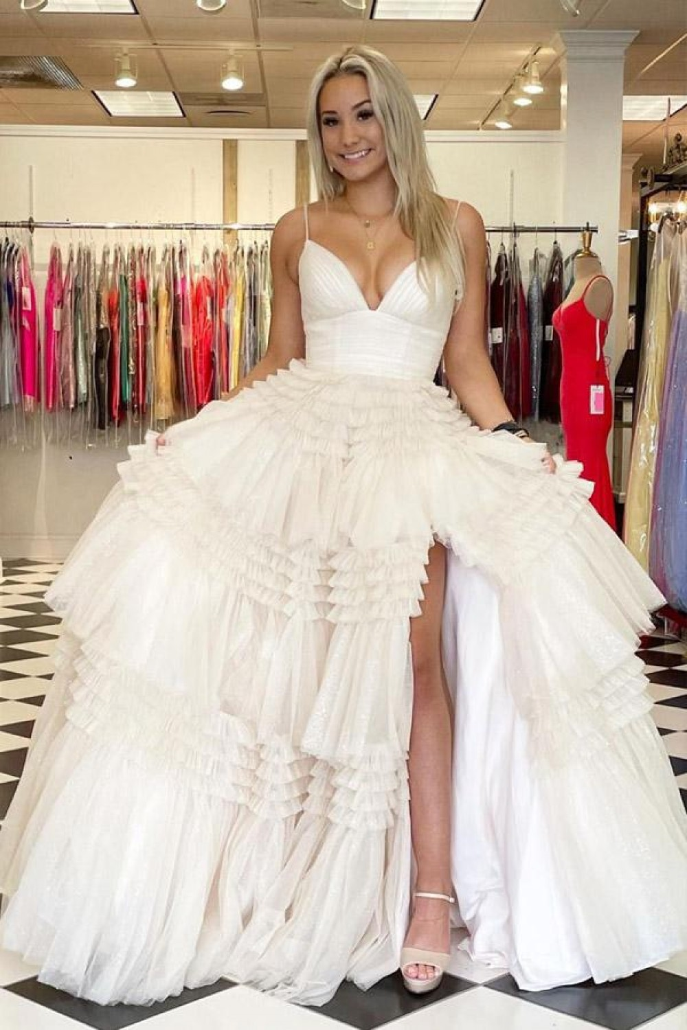 Light Champagne A-Line Tiered Ruffles Long Party Dress Ball Gown,DP1813