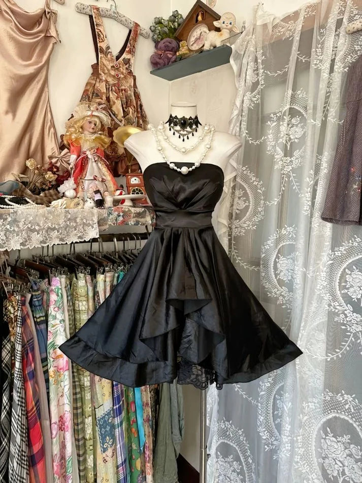 Vinatge Black Strapless Design Satin Party Dress Homecoming Dress DP6085
