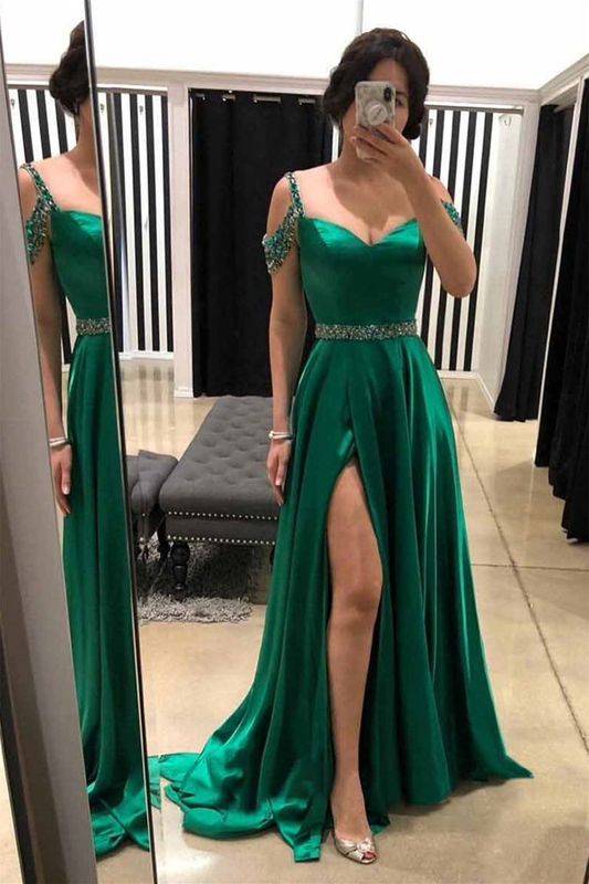 Off Shoulder Beaded Green Satin Long Prom Dresses with High Slit,DP056