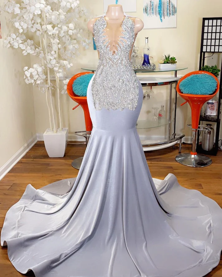 Sexy Mermaid Luxury Beaded Black Girl Silver Prom Party Formal Gowns, DP2380