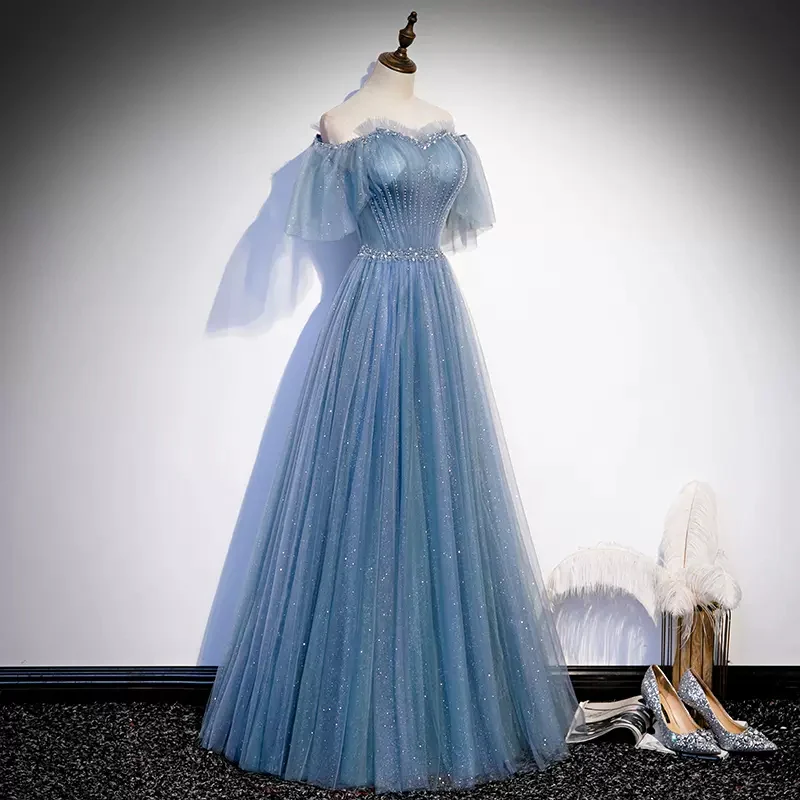 Shiny Blue Off Shoulder Beading Tulle Formal Evening Gown Prom Dress, DP2466