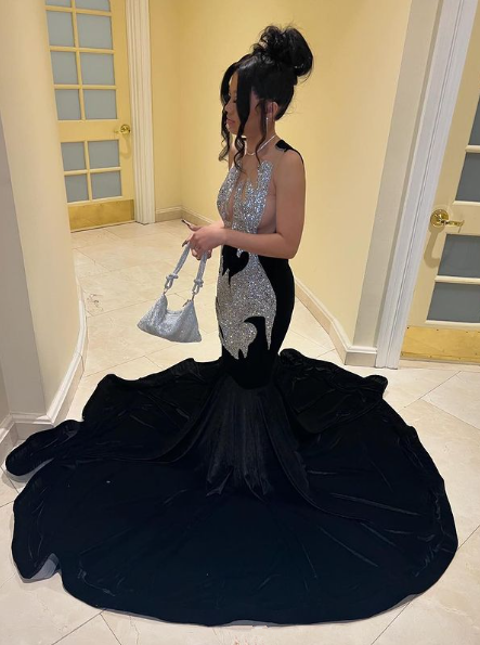 Charming Black Girl Appliques Velvet Mermaid Evening Prom Dress, DP2364