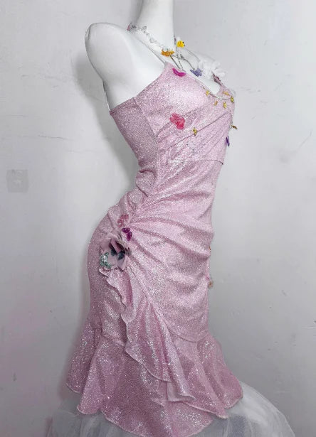 Glitter Pink Sequin Spaghetti Strap Butterfly Design 16th Birthday Party Dress Homecoming Dress DP6037