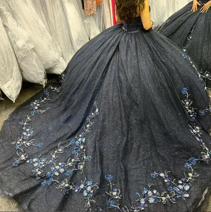 Navy Princess Quinceanera Dress Gillter Tulle Sequin Sweet 16 Ball Gown, DP2396