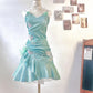 Fashion Mint Green Sparkling Sequin Spaghetti Strap Ruffled Hem Short 16th Birthday Party Dress Homecoming Dress DP6040